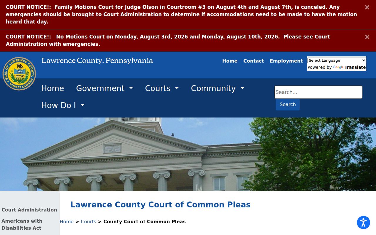 Lawrence County court case records Court of Common Pleas