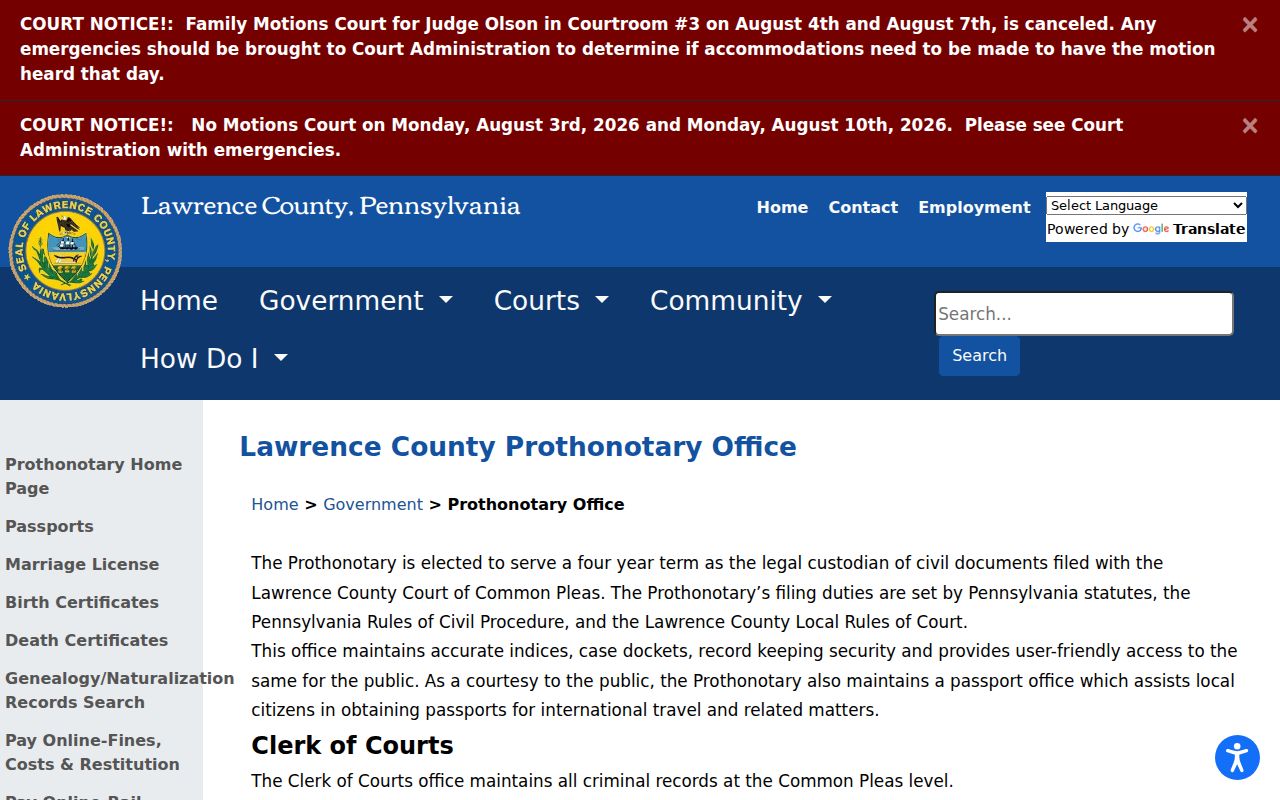 Lawrence County court case records Clerk of Courts page